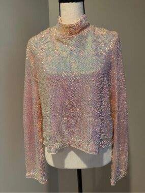 Iridescent Pink Sequin Mock Neck Top